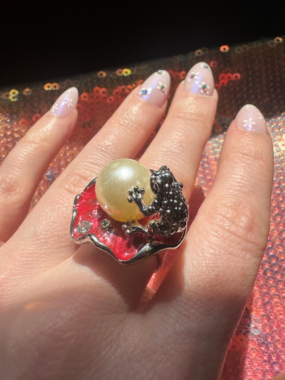 Whimsical Frog on Pink Lilly Pad Cocktail Ring